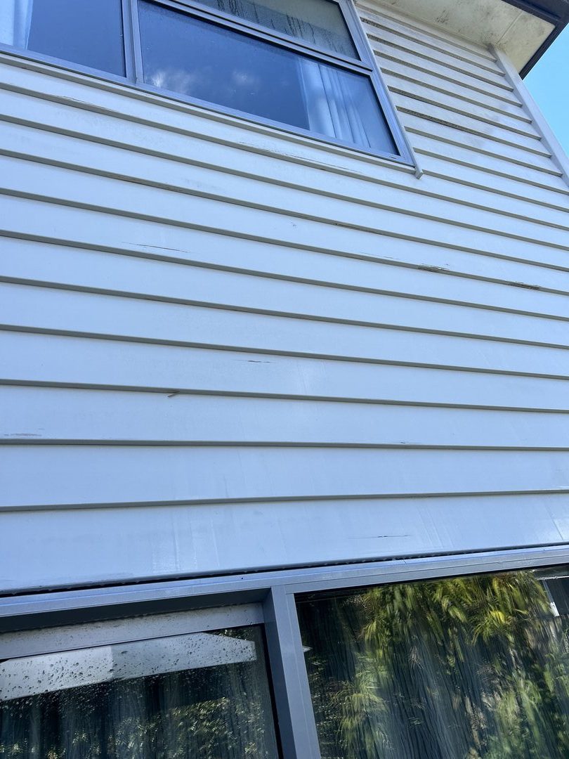 Beige Coloured Clean House Cream exterior Side paneling of house is clean after soft washing.